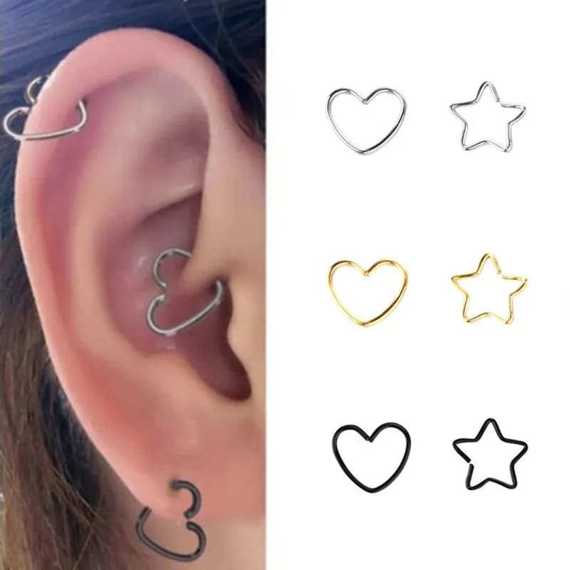 2 pezzi in acciaio chirurgico cuore stella anello al naso piercing orecchini cartilagine gioielli per il corpo per donne ragazza