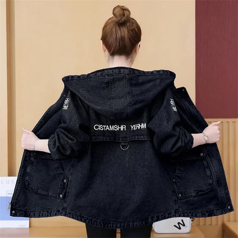 Cappotto frangivento in denim con lettera ricamata coreana Cappotto da donna con cerniera con cappuccio primavera autunno Nuove giacche jeans casual allentate Donna