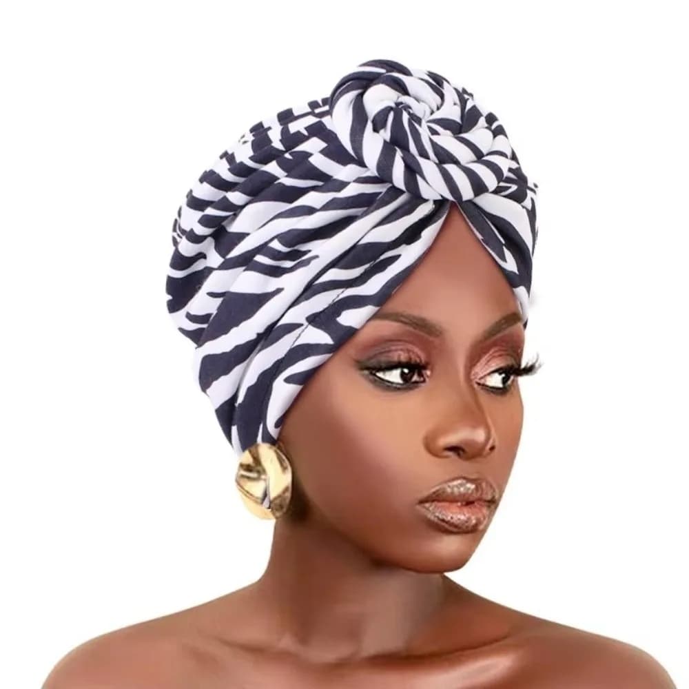 New African Print Hijab Caps Knotted Style Pleated Twist Knot Turban Hat Breathable Wrap Chemo Head Cover Women Headwear