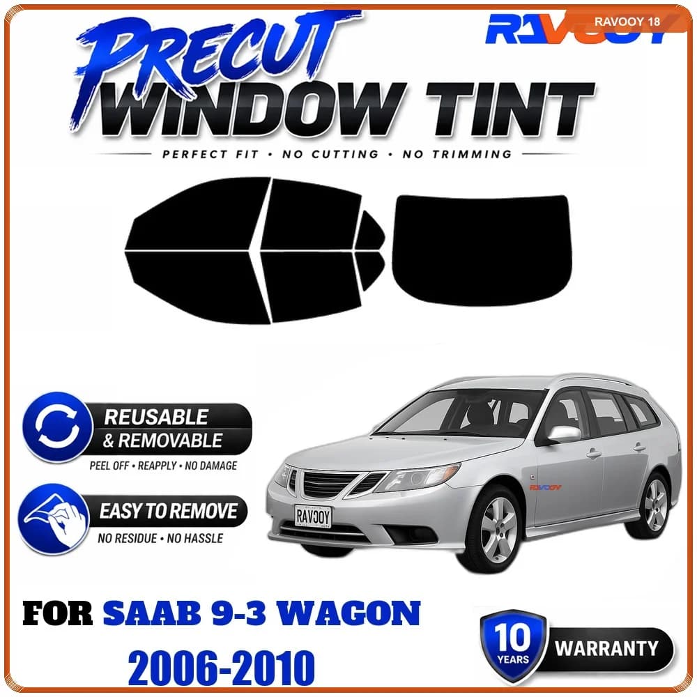 RAVOOY Precut Window Tint, Reusable Removable EPU Film, Custom Fit for Saab 9-3 Wagon 2006-2010, UV Heat Protection