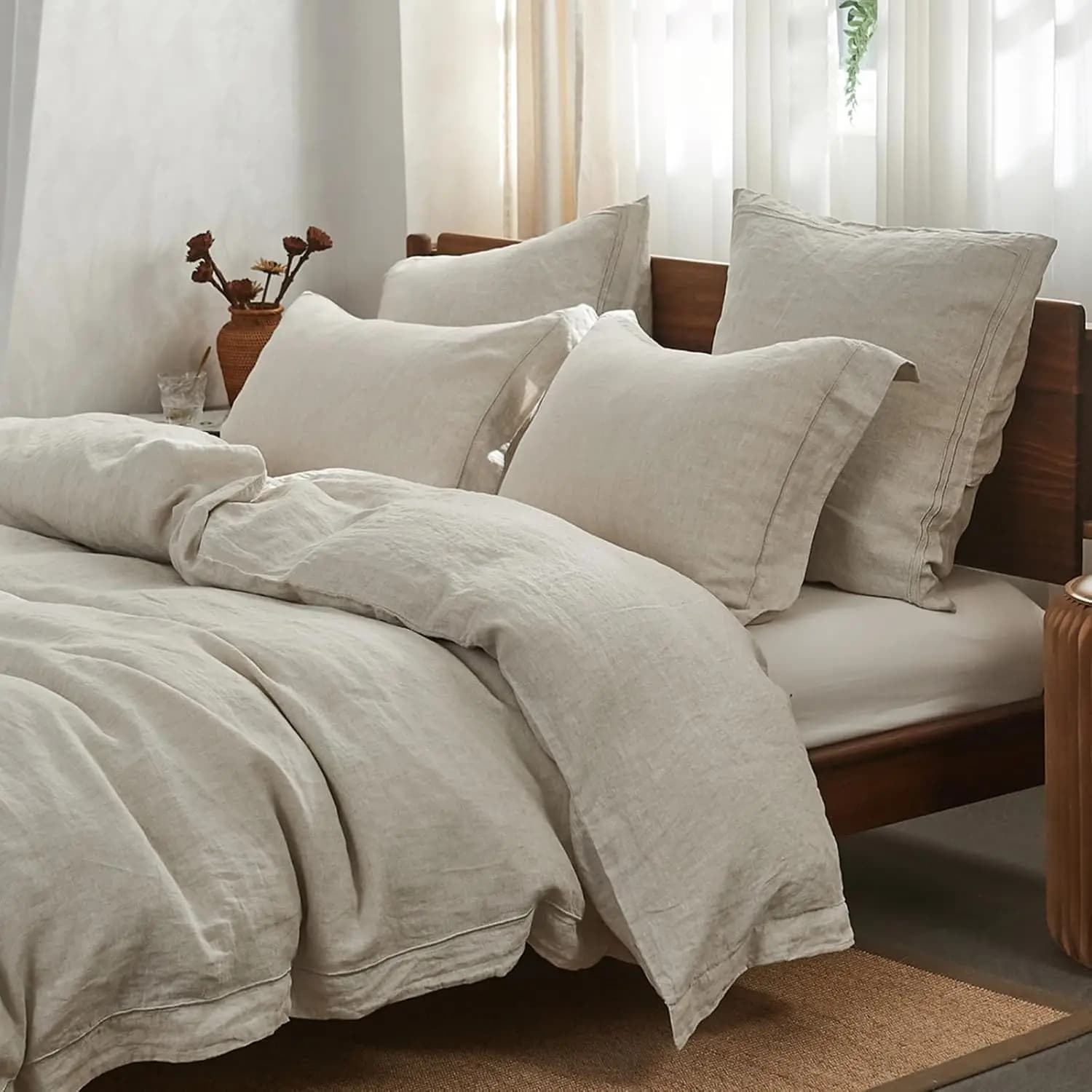 Set Copripiumino in Lino Lavato 100% 3 Pezzi Misura King, Tessuto in Lino Naturale Lavato con Ricamo e Chiusura a Bottoni