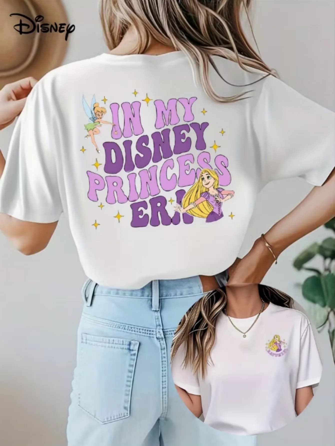 Maglietta Disney Tinker Bell Rapunzel con stampa da donna, girocollo, manica corta, 2026, top sportivo casual estivo, 100%