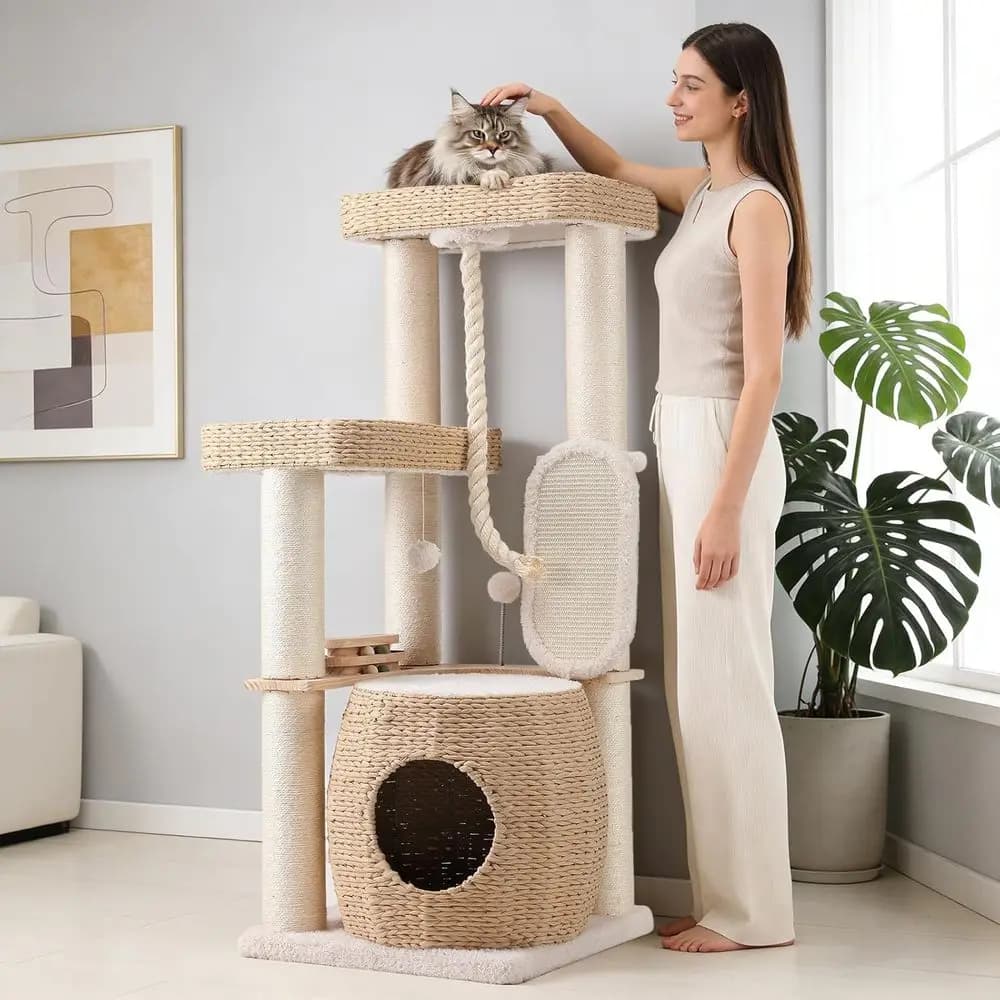 EMUST Luxury ern Cat Tree Tower 50IN - Condo per Gatti Multi-Livello Resistente con Letto Extra-Large in Rattan Intrecciato a Mano e Tiragraffi Rinforzato