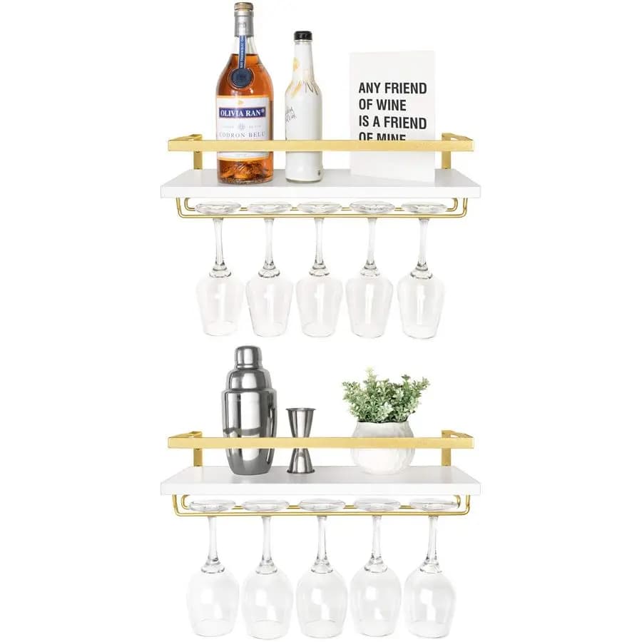 Set di 2 Portabottiglie da Parete in Legno Bianco, Mensole Fluttuanti con Gancio per Calici, Moderno Porta Vino e Piante