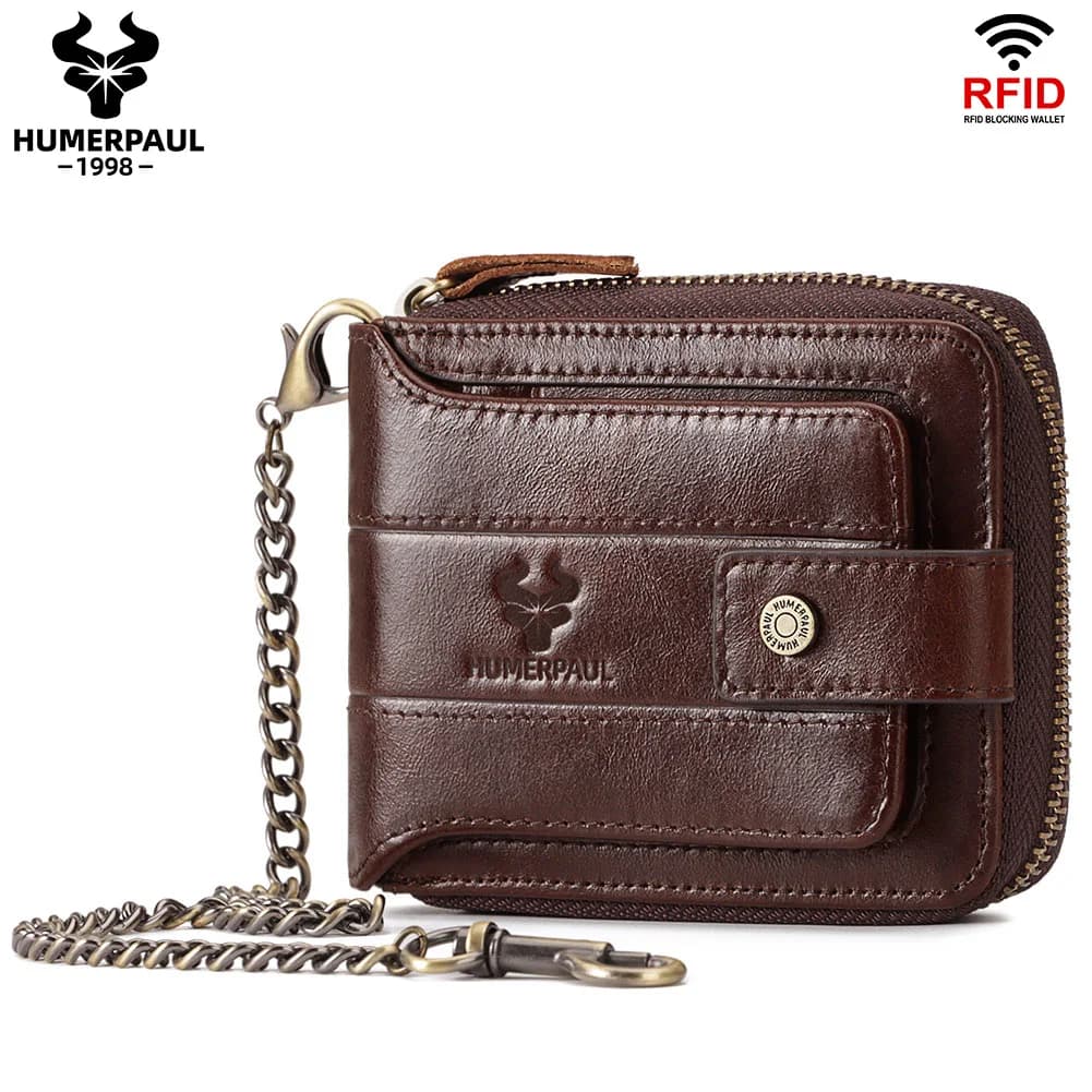 Portafoglio da uomo in vera pelle HUMERPAUL porta carte di credito RFID da lavoro con portamonete fermaglio multifunzionale con cerniera maschile