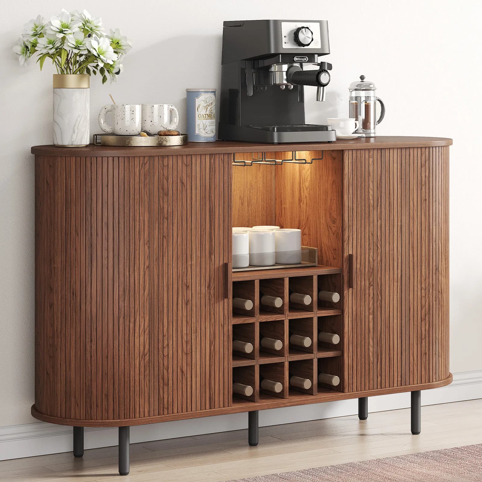 Armadietto per wine bar con luce a LED, armadietto per liquori per la casa, armadietto per bar con portabottiglie e portabicchiere, credenza per buffet in noce