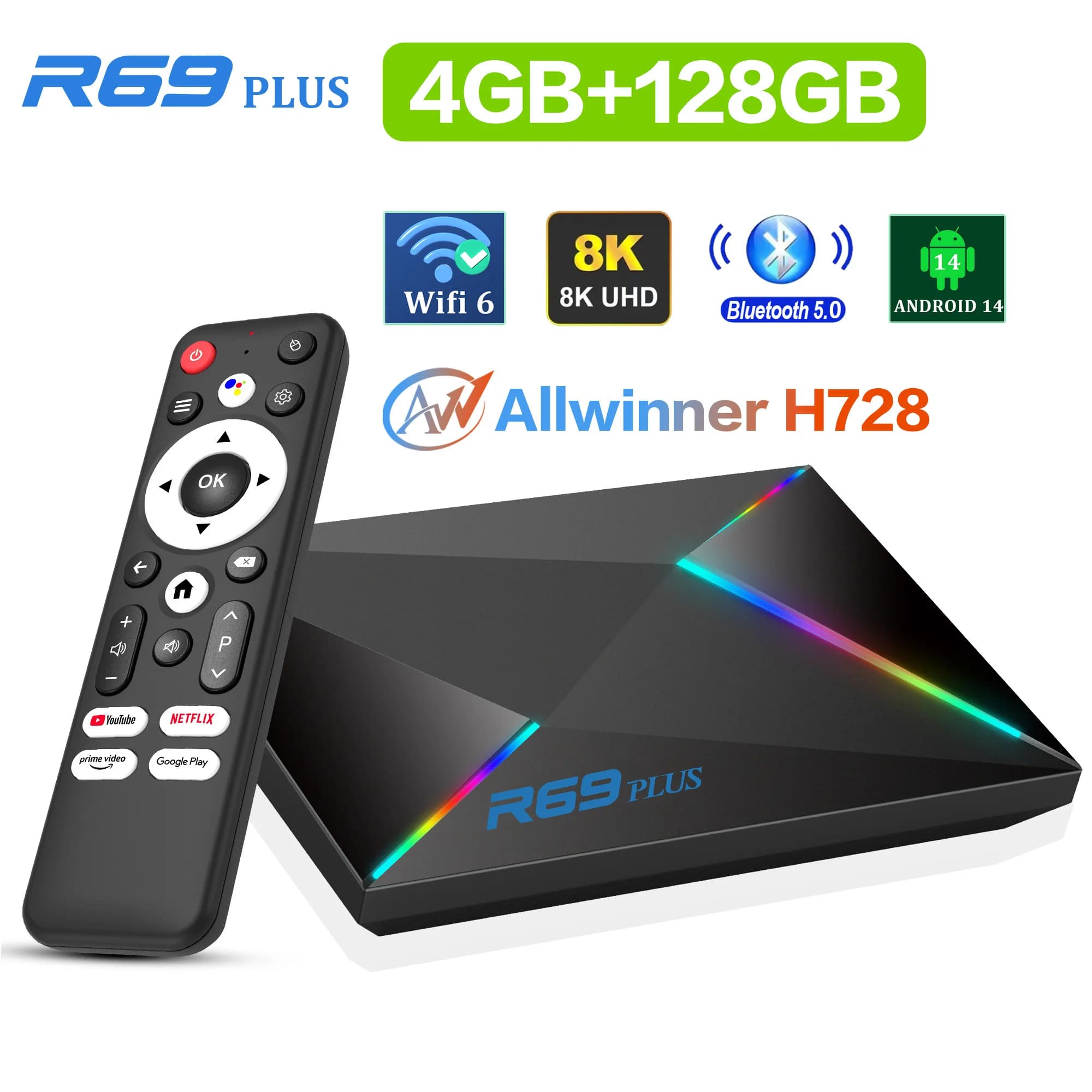 Nuovo TV BOX Android 14 Versione Globale R69PLUS Allwinner H728 Octa Core BT5.0 Ultra HD 4K8K Wifi 6 Ram 4GB Rom 128GB Lettore Multimediale