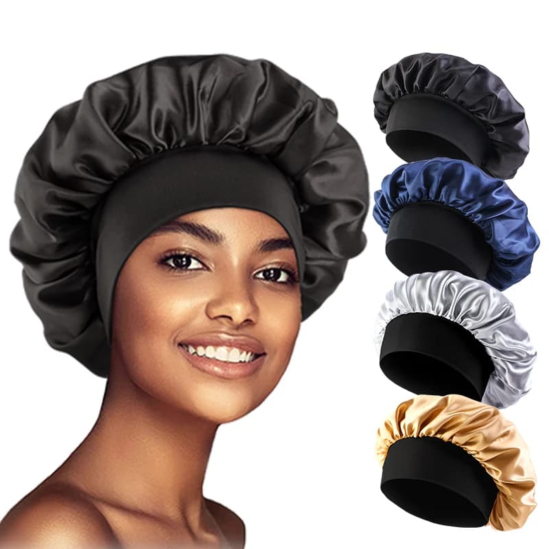 Cappello da Notte in Raso per Donna, Berretto Unisex a Tesa Larga per Dormire e Baglioreggiare, Fascia Elastica per Capelli, Cappello per la Cura dei Capelli