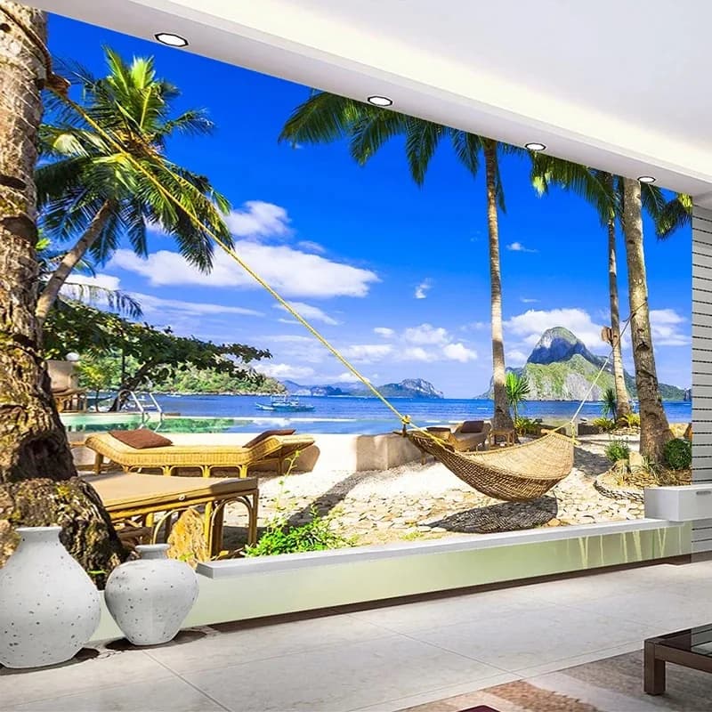 3D Landscape Wall with Blue Sky and White Clouds, Beach and Sea, Photo Paragraph Paper for Living and Bedroom, Decorative Background