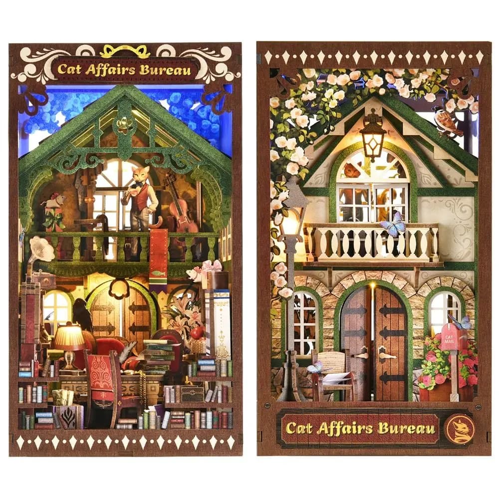 Nuovo Kit Fai-da-te Book Nook: Ufficio dei Gatti - Puzzle 3D in Legno Fatto a Mano, Fermalibri Bifacciale, Kit di Modellismo per Arti e Mestieri