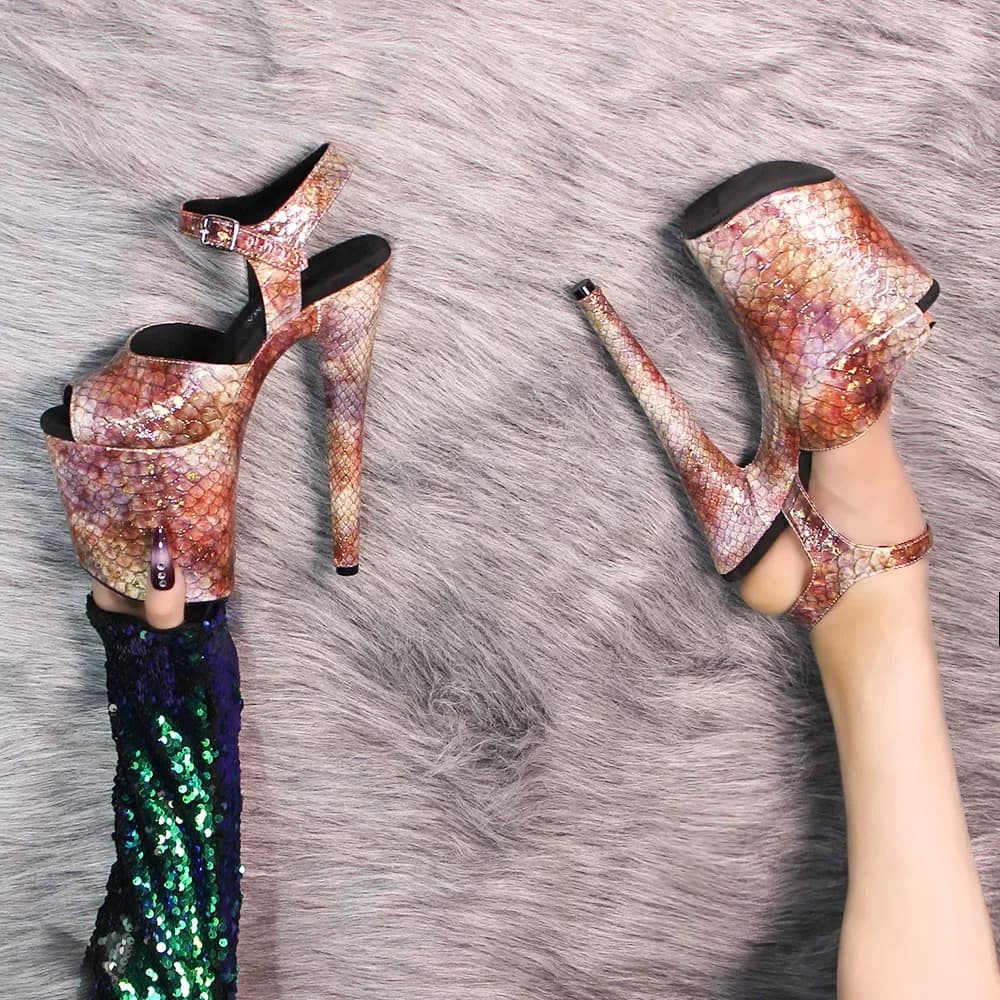 Iridescent Gold Glitter Snake Print Platform Sandals Peep Toe Ankle Buckle 20cm High Stiletto Heel Women Club Pole Dance Shoes