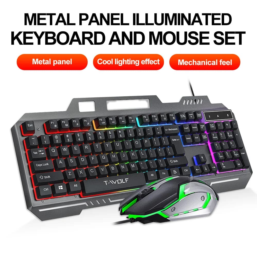 Mechanical Feel RGB Backlit Gaming Wired Keyboard and Mouse Combo Gamer Metal Panel Ergonomic Keyboard Set For PC Laptop Tablet