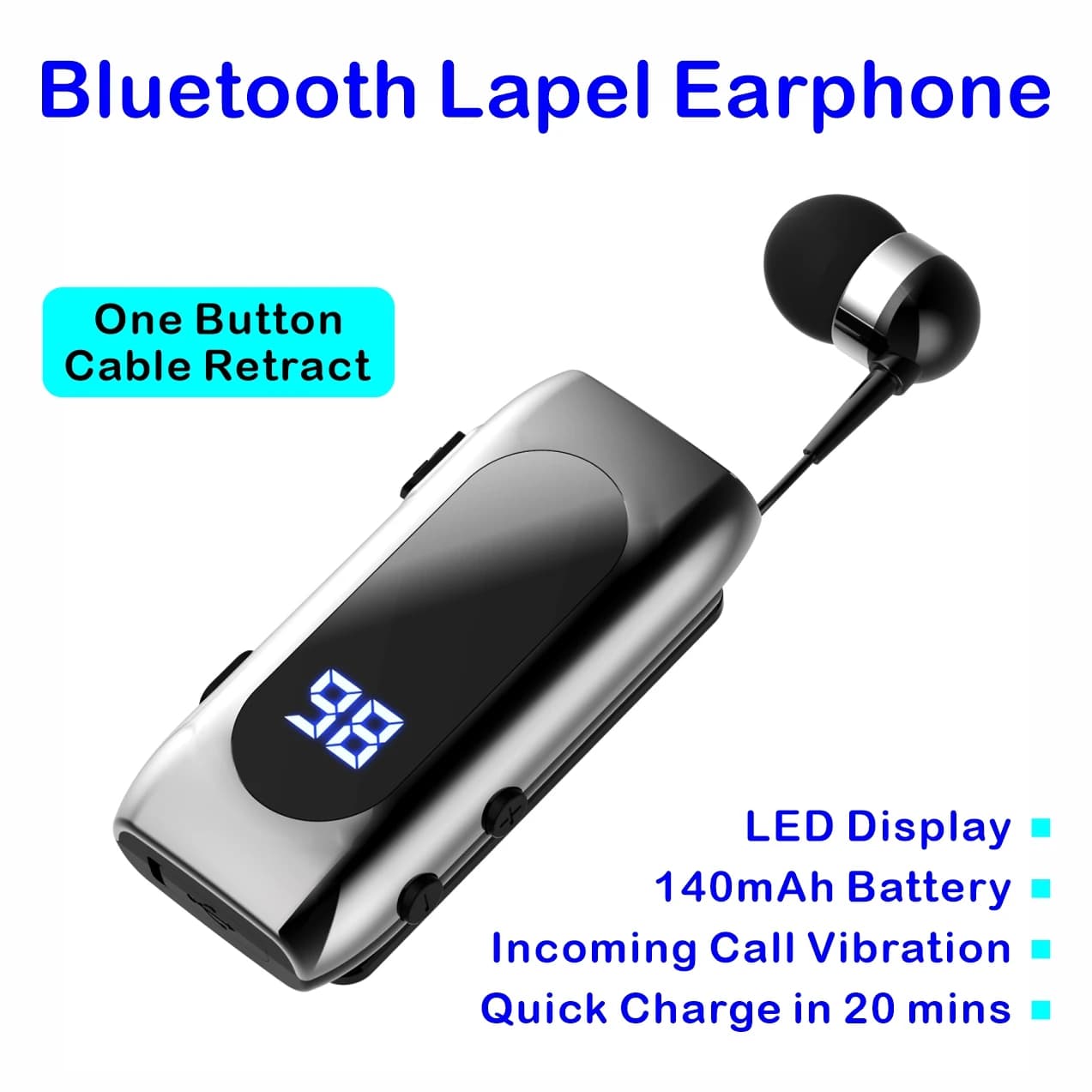 Auricolare Bluetooth K55 con Clip da Colletto, Cuffie Wireless Vivavoce con Vibrazione per Chiamate in Arrivo, Auricolare Retrattile per Business