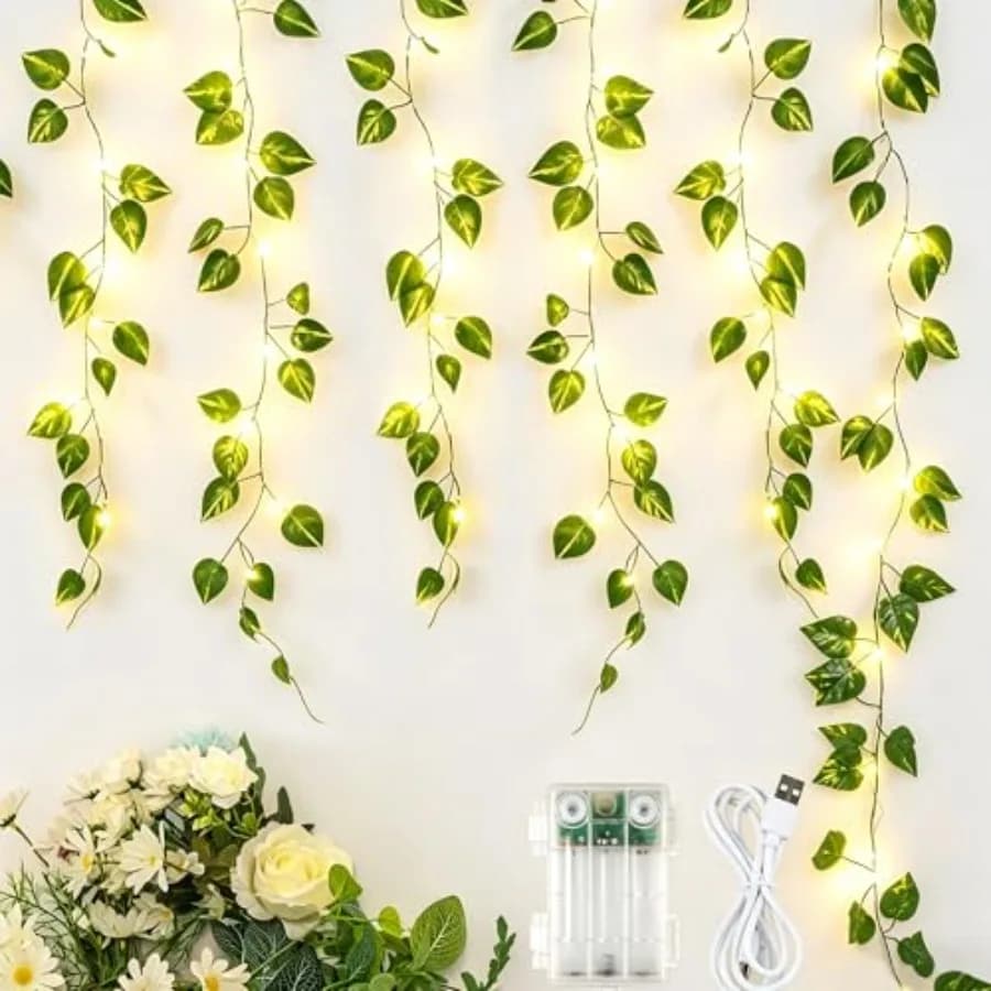 Pothos Vines with Fairy Lights, Leaf String Warm White Lights Battery/USB Operated, 23Feet 73LED Fake for Bedroom Wall Room Wed