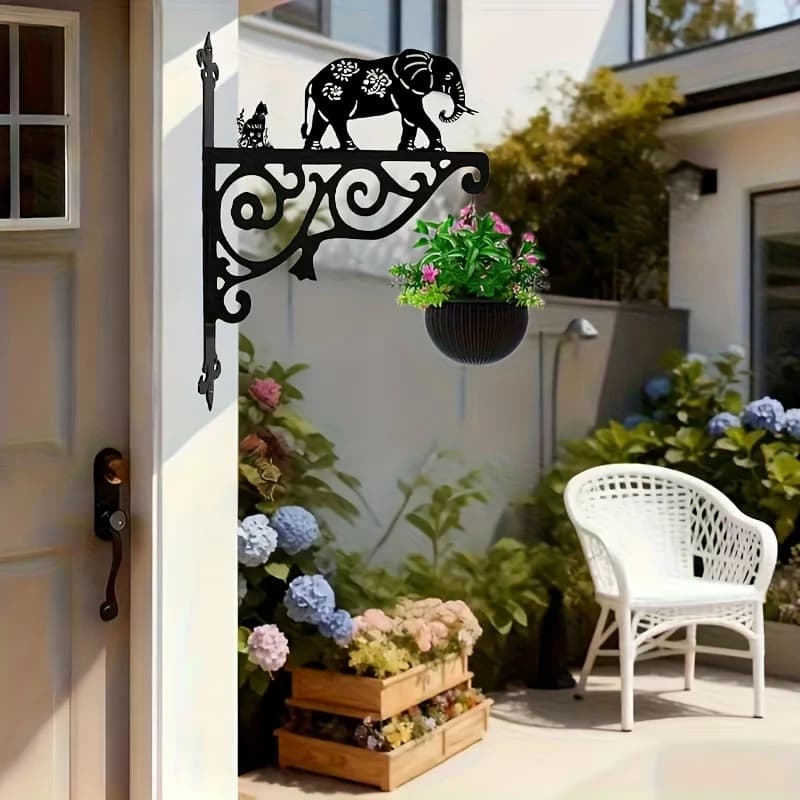1-Piece 2D Nordic Country Style - Elegant and Cute Elephant Silhouette - Iron Plant Hanger - Easy-To-Install Wall Mount Bracket, Suitable for Hanging Flower Baskets, Bird Feeders, Lanterns, and Wind Chimes - Outdoor Decorative Flower Stand, Home and Outdoor Decorations