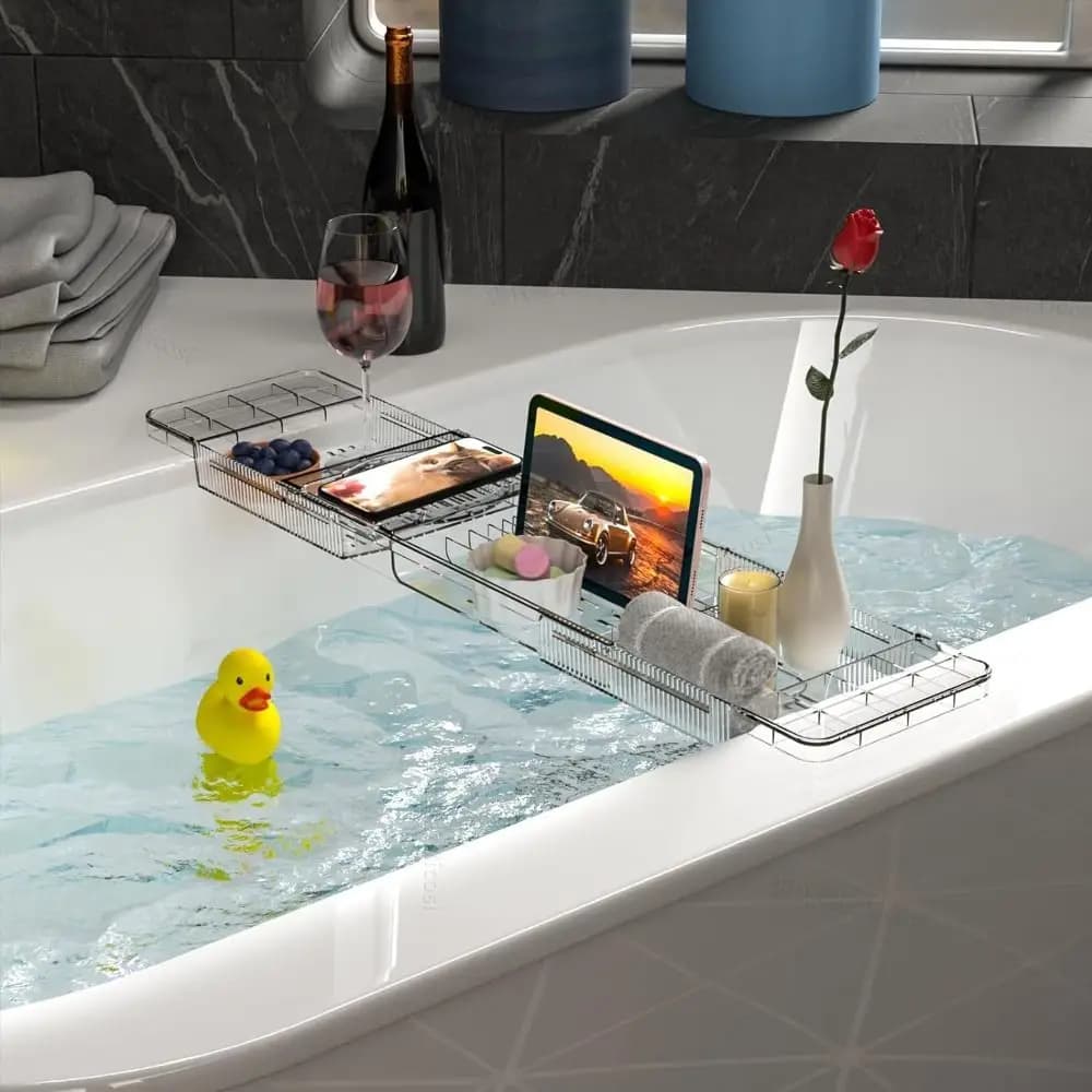Transparent Bathtub Holder Tray Adjustable Waterproof Bathroom Shelf Organizer Expandable Easy Clean
