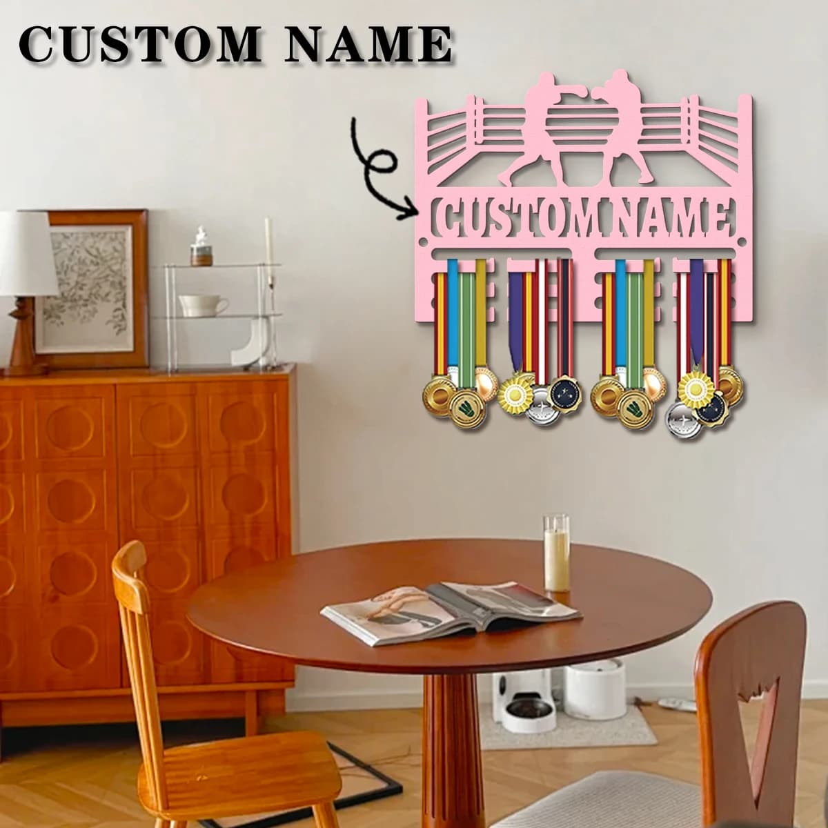 1pc Custom Wooden Boxing Medal Hanger, Personalized Medal Display Rack for Athletes,Ideal Gift for Family Friends