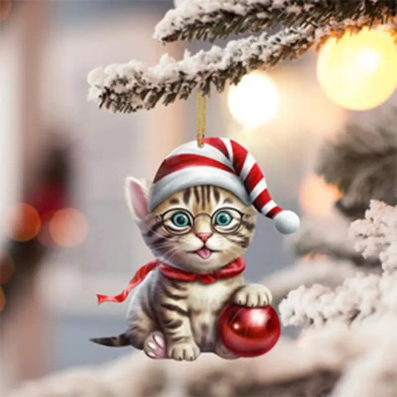 Christmas Ball Cat Ornament 2D Acrylic Funny Cat Ornaments Christmas Tree Cat Hanging Decorations Home Party Xmas Decor