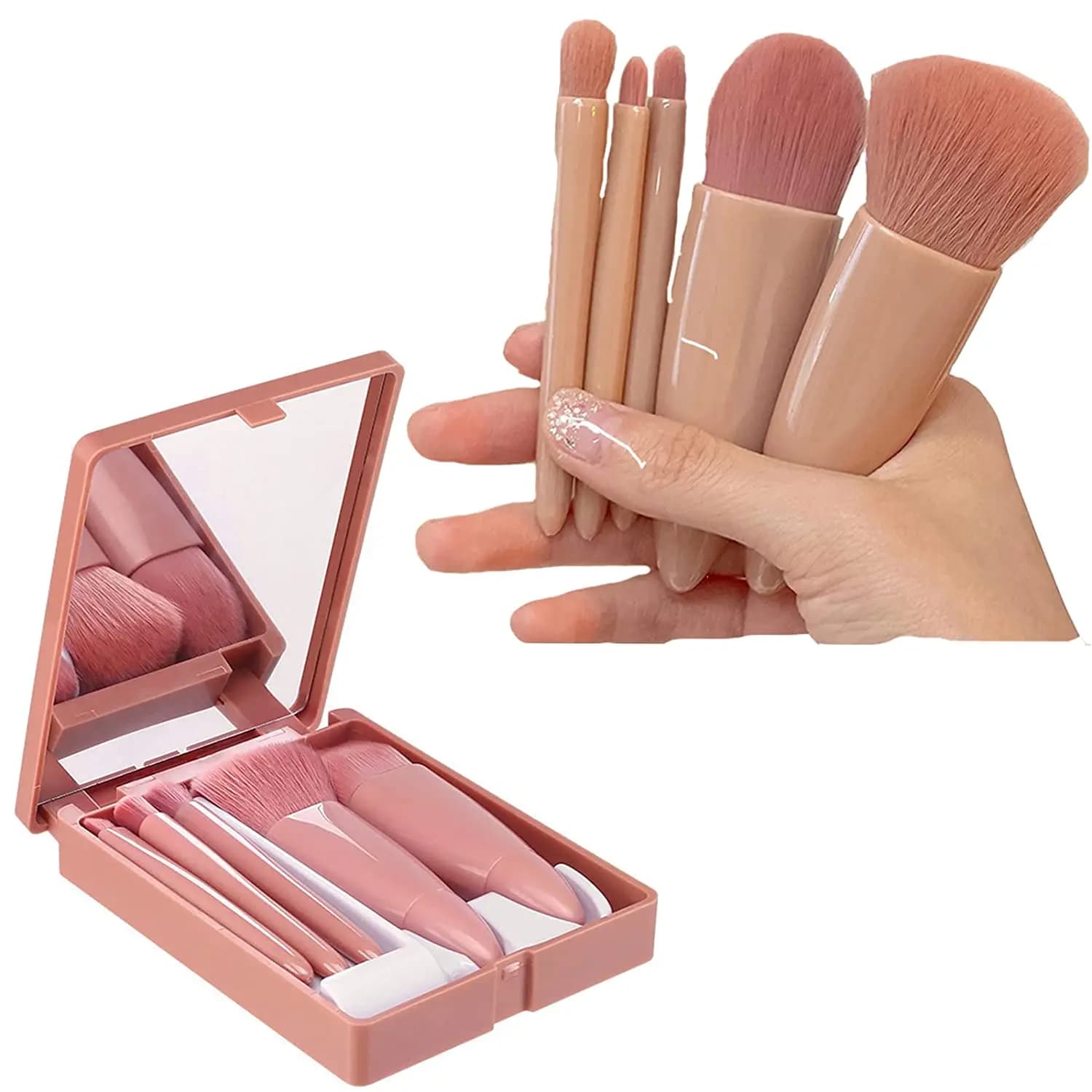 Set of 5 Piece Mini Makeup Brushes with Mirror - Multifunctional Travel Cosmetic Brushes, Not Fragrant, Makeup Tools with Brush Design for Palm