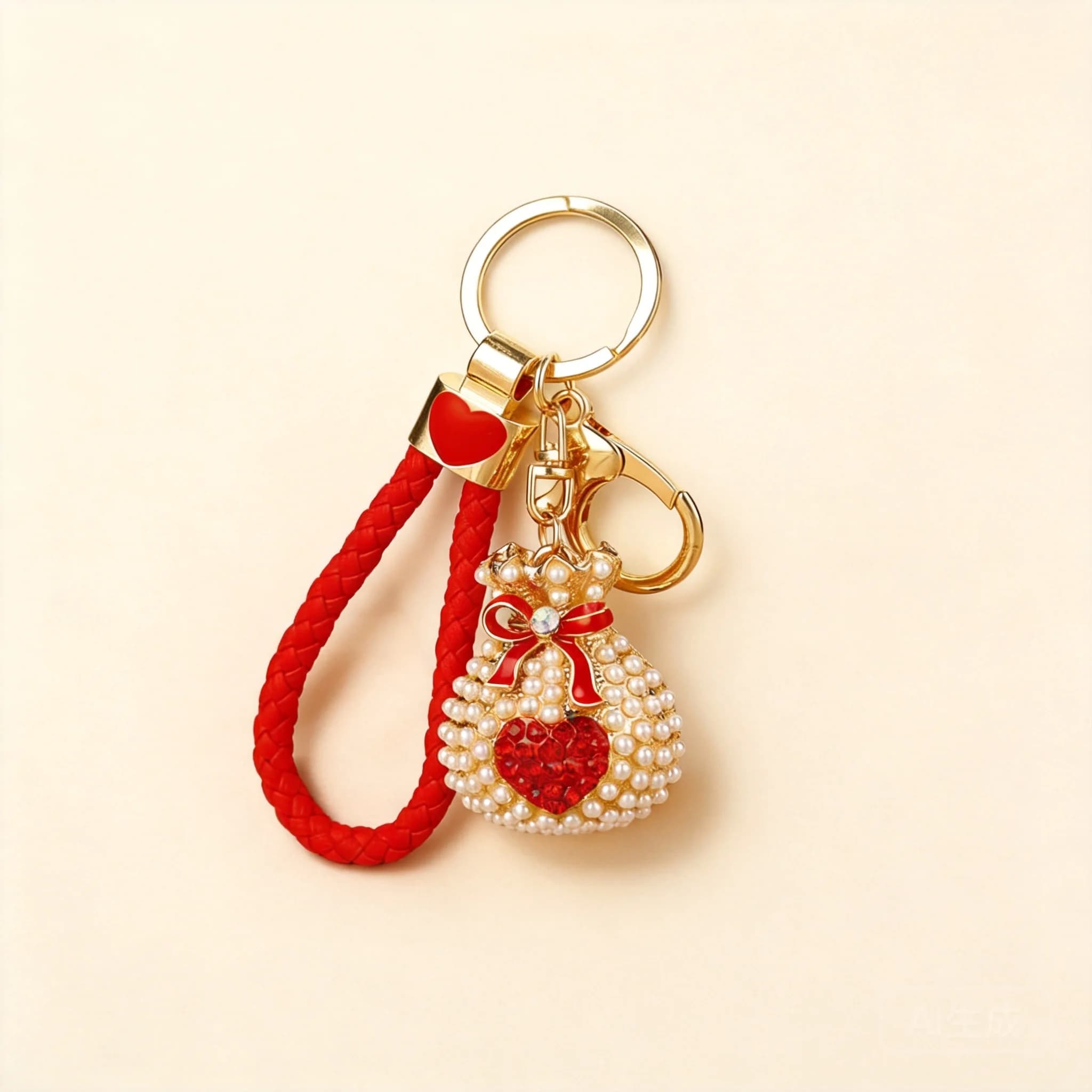 Chinese Style Cute Lucky Money Bag Keychain Faux Pearl Red Heart Rhinestone Women Key Ring Rope Bag Pendant Car Accessory Luck