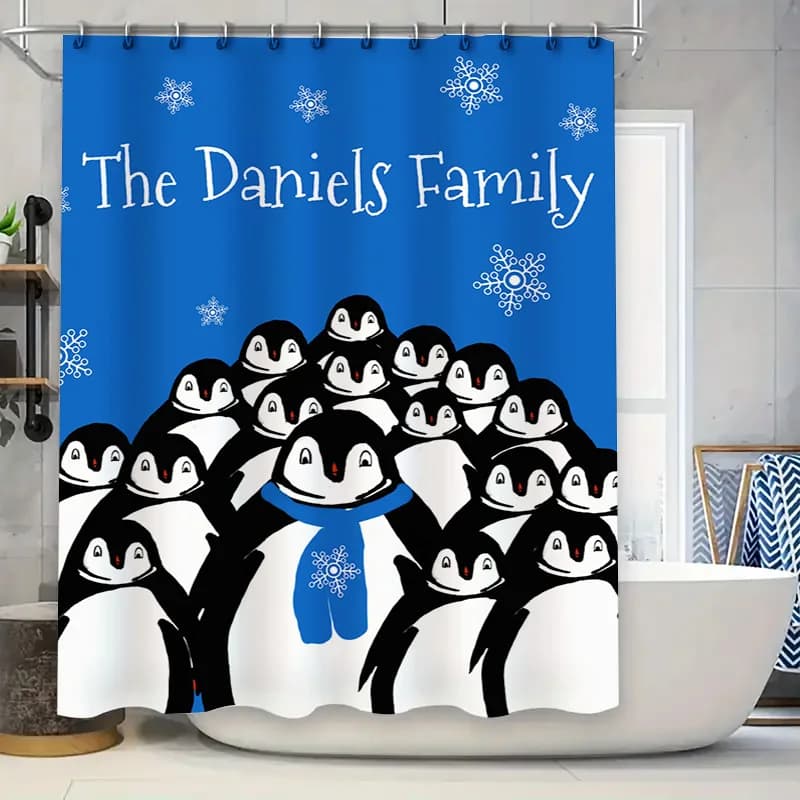 Tenda da doccia per famiglia con pinguino invernale blu, decorazione personalizzabile per accessori da bagno di casa, decorazione artistica personalizzata con