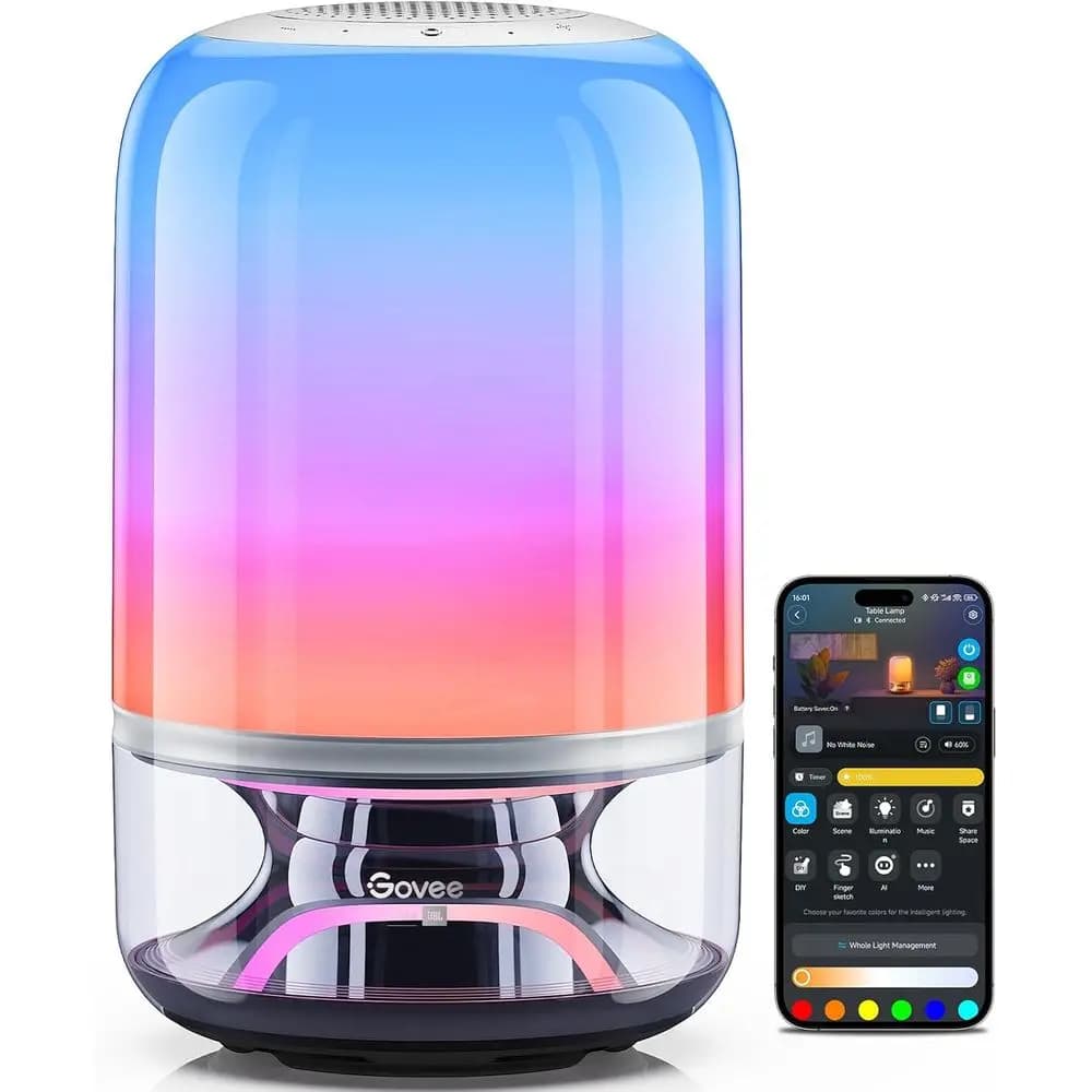 Lampada da Tavolo Smart Senza Fili con Altoparlante, Sincronizzazione Musica-Luce, 16 Colori e Oltre 100 Scene, Compatibile con Matter, Ricaricabile