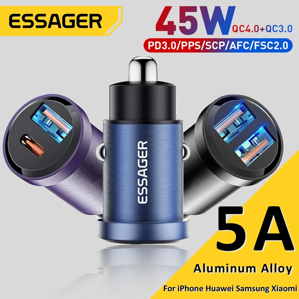 Essager 45W USB Caricabatteria da auto Quick Charge4.0 QC PD 3.0 SCP 5A USB Tipo C Ricarica rapida per auto per iPhone 14 13 Huawei Samsung Xiaomi