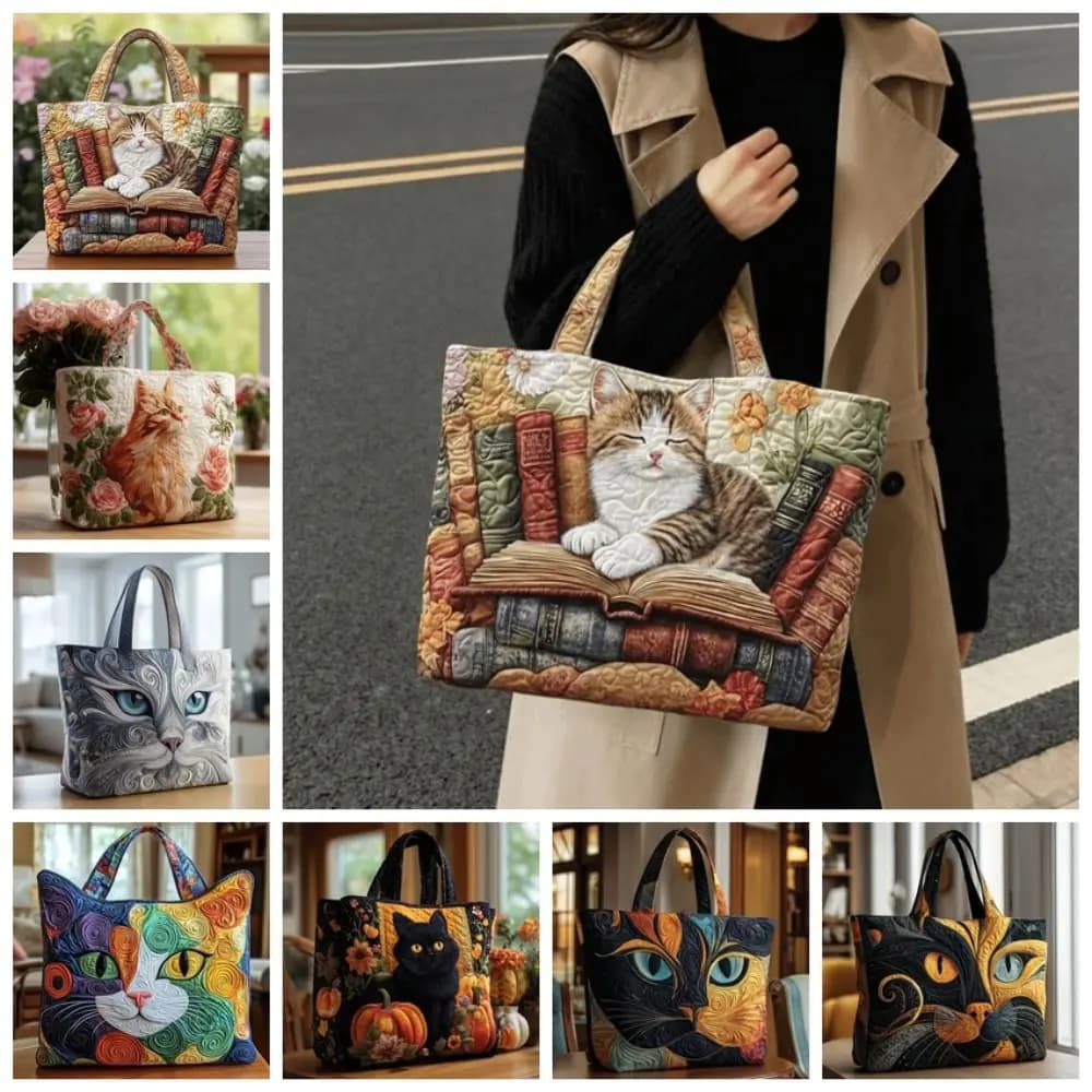 Cat Patterns Women Quilted Tote Bag Vintage Lightweight Travel Handbag Cotton Large Capacity Shopping Bag Lady Girl