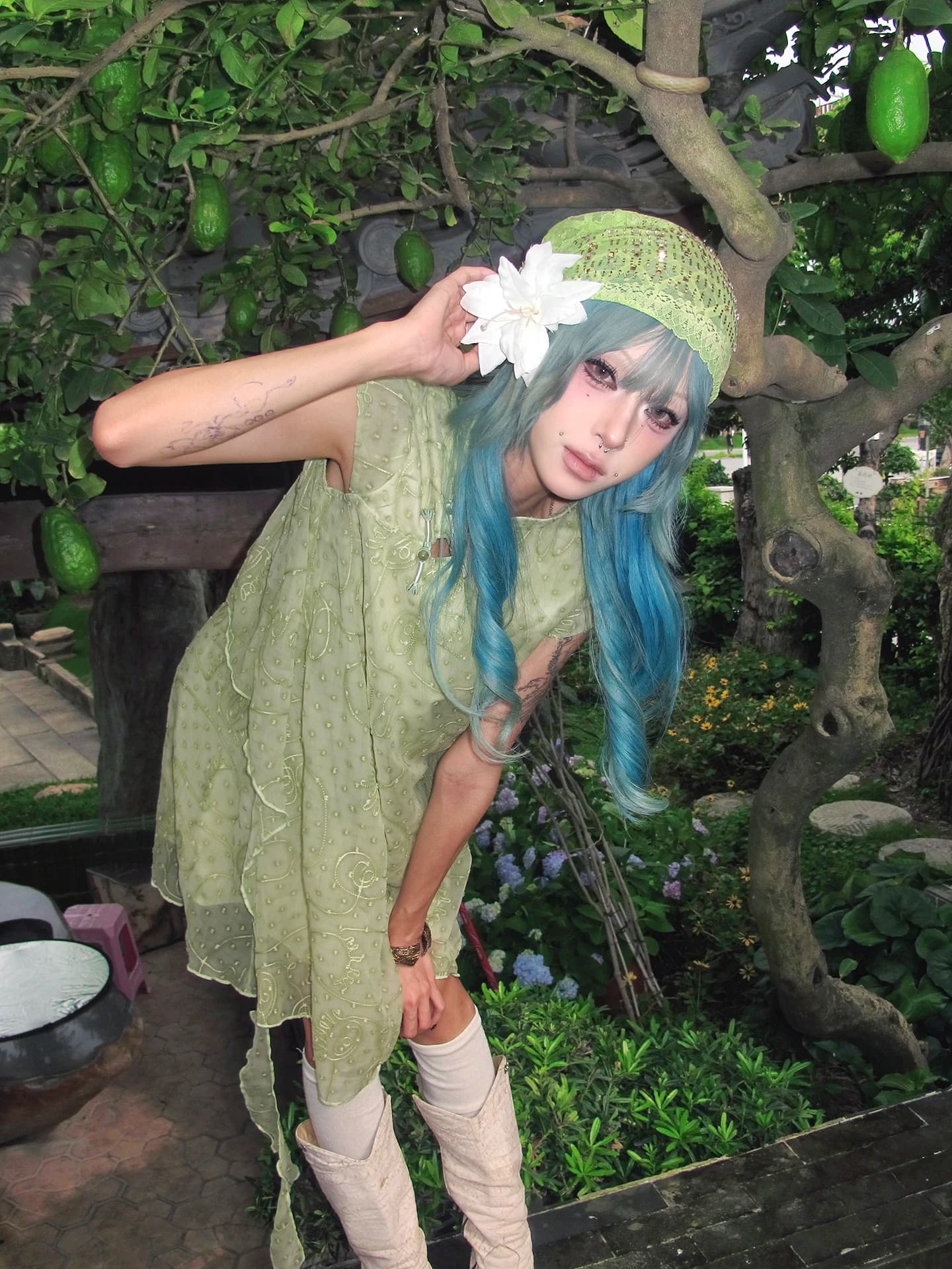 Green Y2K Chinese Style Improved Dress Women Summer Short Sleeve Loose Fit Casual A-Line Skirt One-Piece Dress