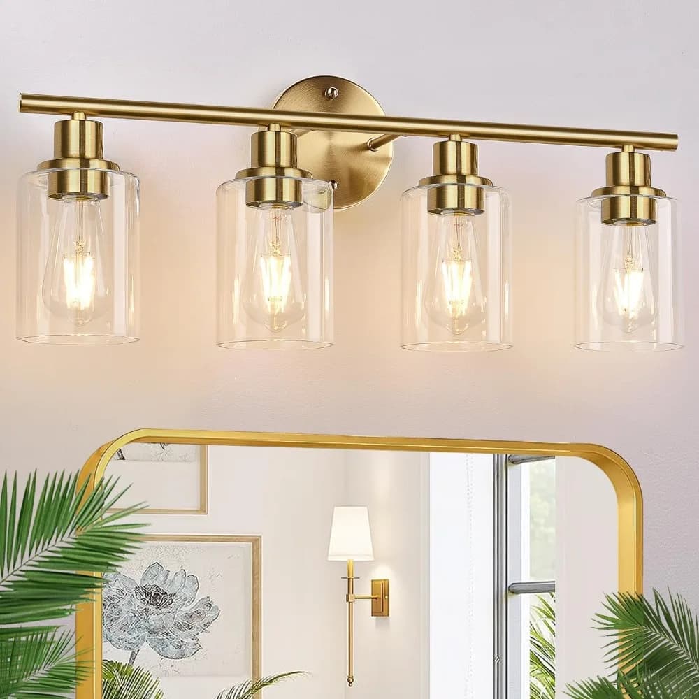 Lampada da Parete Moderna per Specchio Bagno a 4 Luci con Finitura Oro Spazzolato e Paralume in Vetro Trasparente