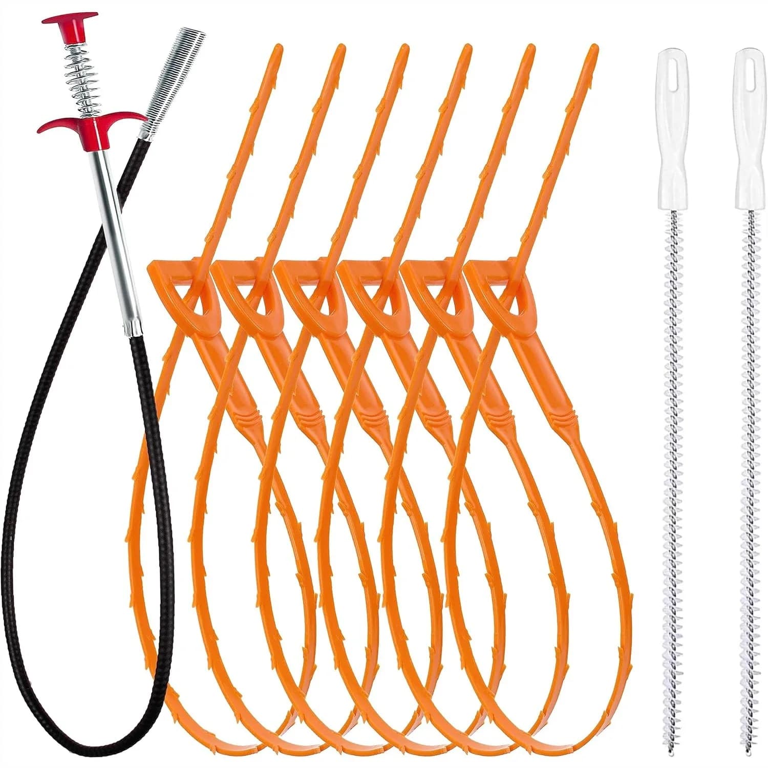 Set di 9 Strumenti per la Rimozione di Ostruzioni nei Scarichi con Serpente Metallico da 90 cm, 6 Serpenti per Capelli da 63,5 cm e 2 Spazzole per la Pulizia di WC, Lavello da Cucina, Vasca e Fognature