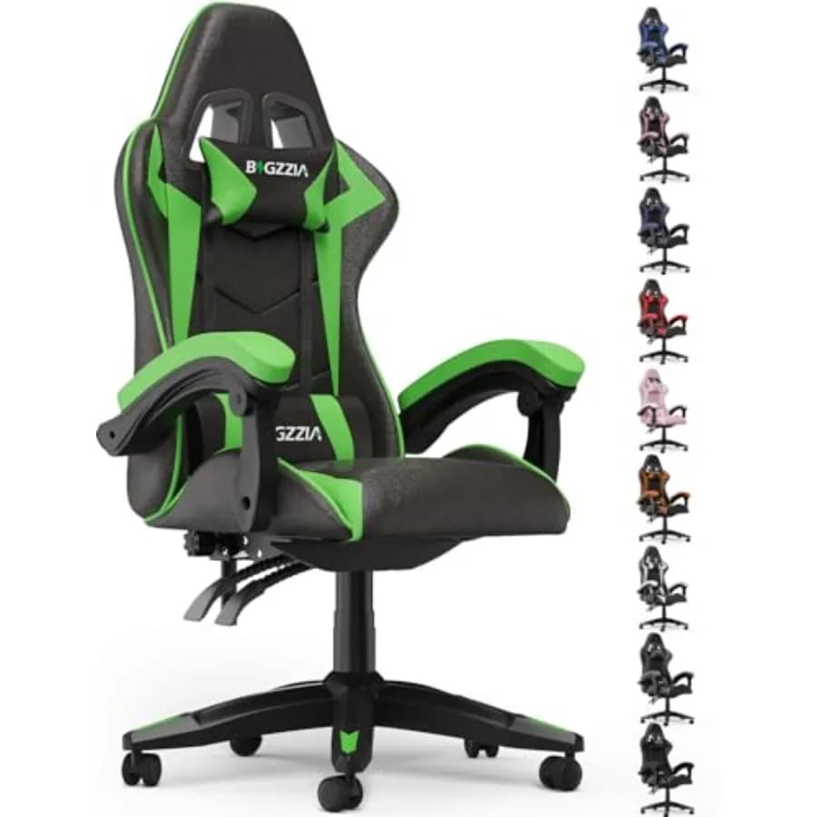 Ergonomic Gaming Chair with Lumbar Support for Adults, Green Mesh Back, Breathable Fabric Seat, Adjustable Height Recline