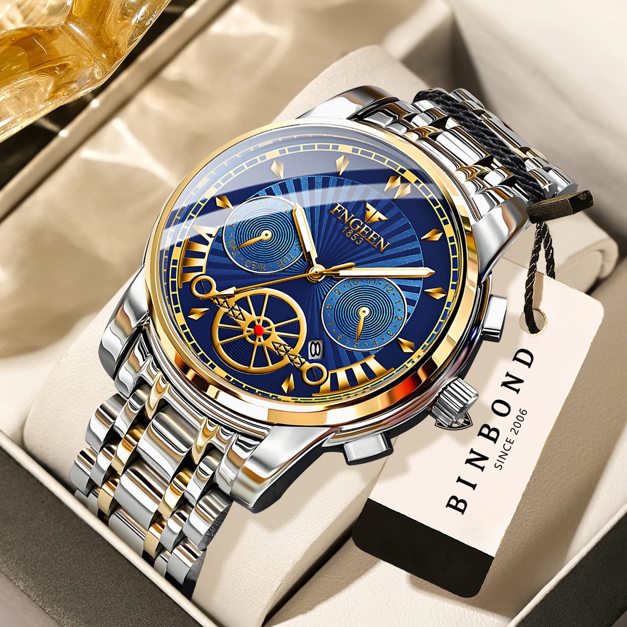 Orologio da polso BINBOND da uomo, in acciaio inossidabile, robusto, al quarzo, di lusso, luminoso, impermeabile, preciso, casual.
