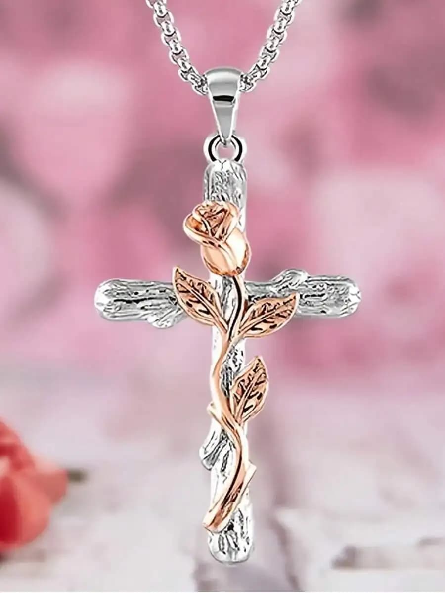 Minimalist white and rose gold flower cross pendant necklace, trendy in Middle East