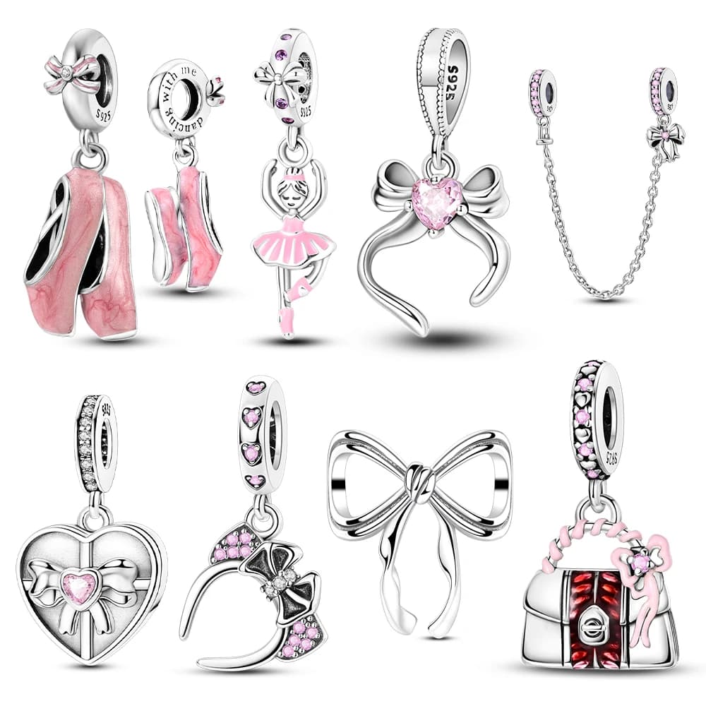 925 Sterling Silver Pink Bowknot Charms Beads Fit Original Bracelet Pendants Dangle Diy Jewelry Gift Charm For Women