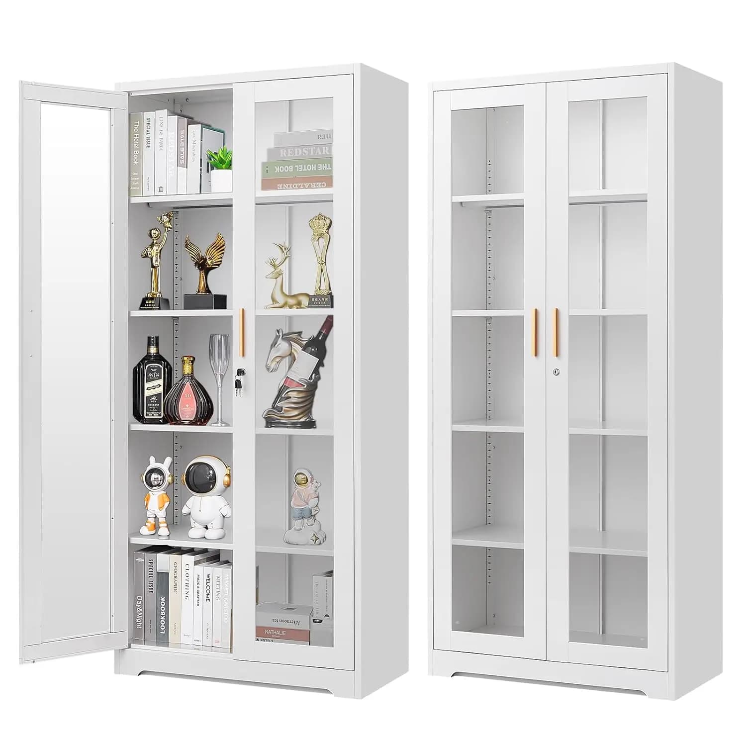 Vetrina con Porte in Vetro, Armadietto Espositivo Alto 71'' con Serratura, Vetrina in Metallo e Vetro per Oggetti da Collezione, Personalizzabile