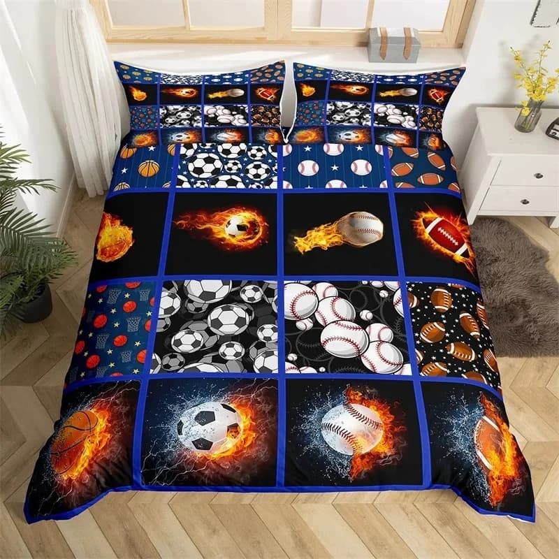 Set copripiumino da calcio Schizzo disegnato a mano Bandiera da calcio Rete Set biancheria da letto sportiva per ragazzi Adolescenti Uomo Copripiumino doppio