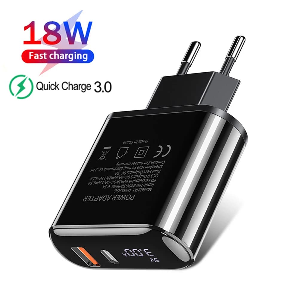 18W Quick Charge 3.0 USB Charger PD Type C Digital Display Phone Charger Adapter For iPhone Samsung Xiaomi Travel Wall Charger