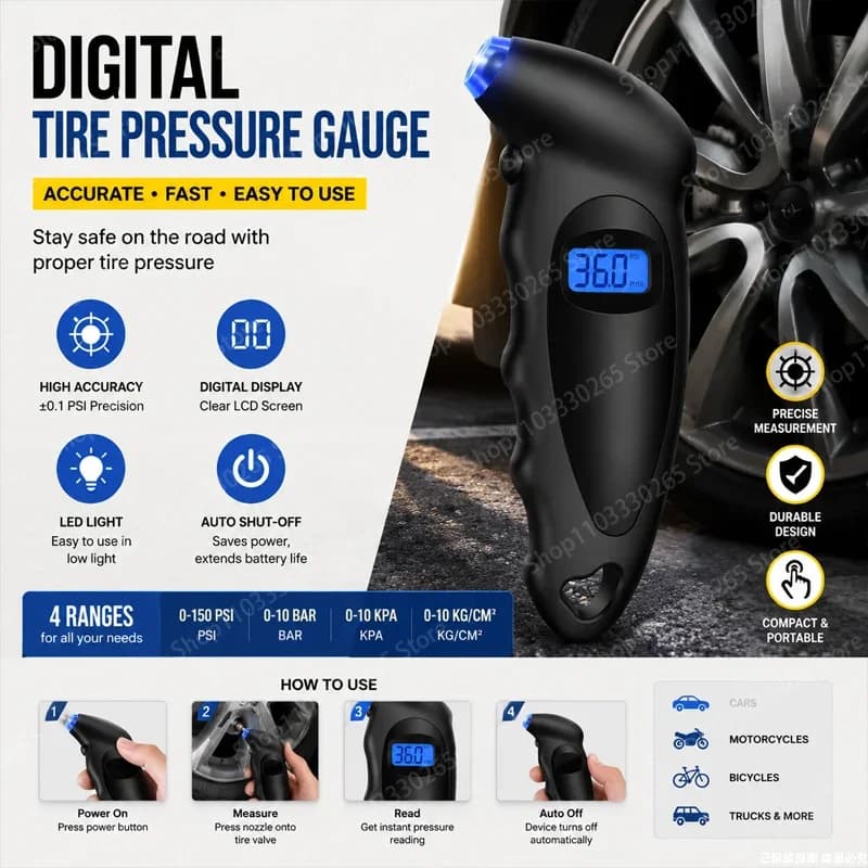 Portable Digital Tire Pressure Gauge, Backlit LCD, LED Light, Ideal for Cars, Trucks, Bikes & Motorcycles