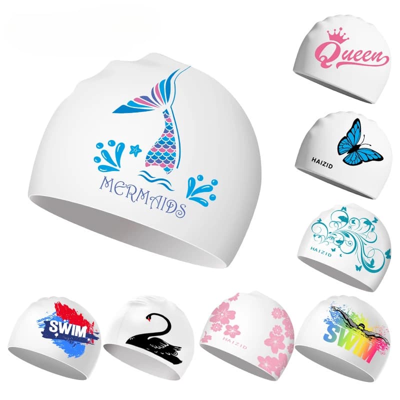 Enlarged Swim Cap for Women Long Hair Comfortable Printed Silicone Waterproof Ear Protection Swimming Cap Pool Accessories