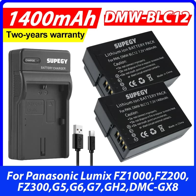 2 (confezione) batterie DMW-BLC12,BLC12E,BLC12PP,BLC12 + caricabatterie per Panasonic Lumix FZ1000,FZ200,FZ300,G5,G6,G7,GH2,DMC-GX8