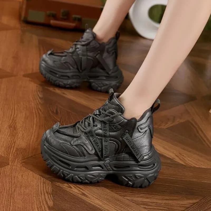 9CM 2026 Genuine Leather Women Casual Shoes Hidden Heels Chunky Sneakers Warm Fur Vulcanize Platform High Top Skateboard Shoes