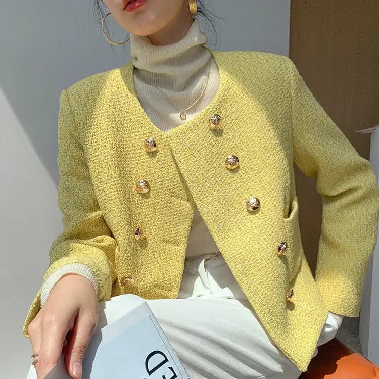 Giacca Corta Trapuntata a Doppio Bottone, Elegante e Versatile per Primavera e Autunno, Top Corto con Collo Tondo per Signore