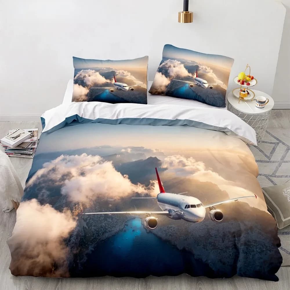 Aereo King Queen Copripiumino Completo Vintage Fighter Set di biancheria da letto per bambini Adolescenti Adulti Cielo Nuvole Grigio 2/3 pezzi Copripiumino morbido