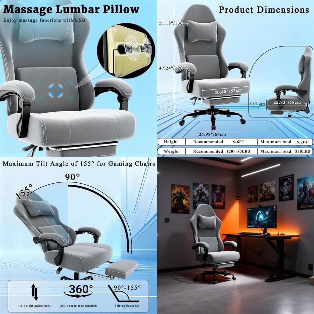 Sedia da Gaming Ergonomica con Supporto Massaggiante, Seduta in Tessuto Regolabile in Altezza, Cuscino Lombare