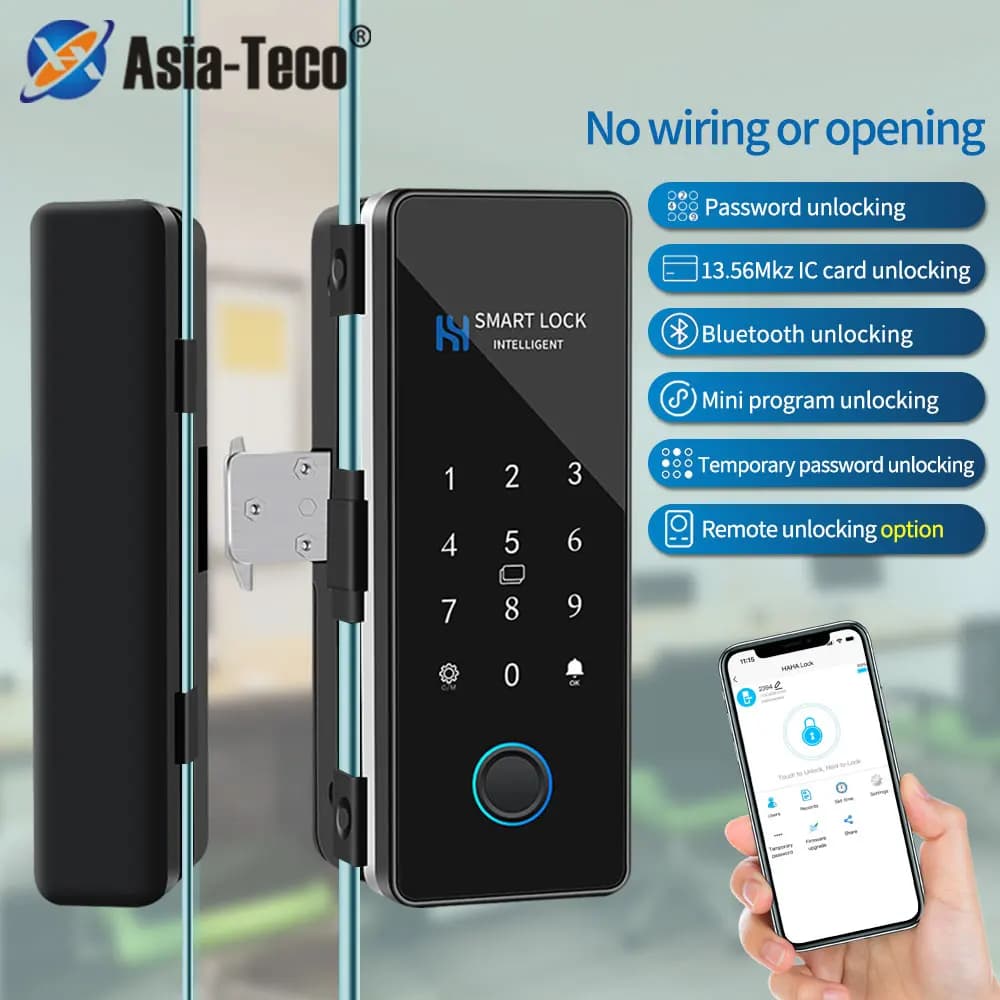 Serratura per porta in vetro con impronta digitale Porta scorrevole in vetro Bluetooth Serratura intelligente Serratura elettronica con scheda Rfid Controllo APP Hahalock