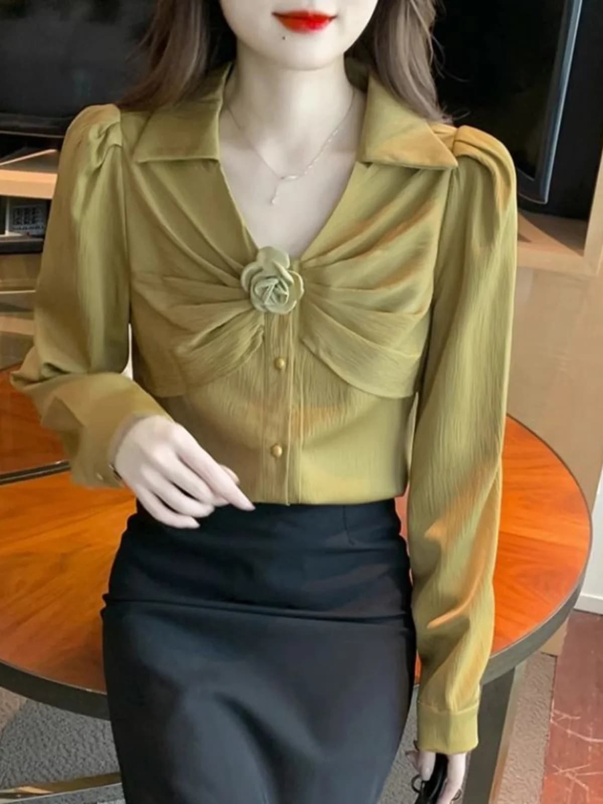 Elegant V-Neck Long Sleeve Chiffon Shirt 3D Floral Design Women's Fashionable Top Spring 2024 Dream Polyester Casual Blouse