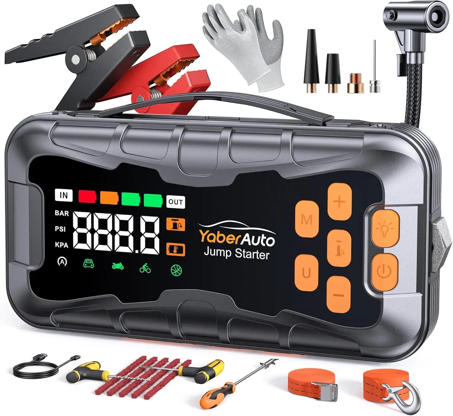 Avviatore di emergenza 16 in 1 8000 A con compressore d'aria, 150 PSI, scatola di emergenza portatile 12 V per auto a gas e diesel