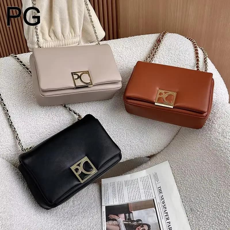 PG Shoulder Bag For Women Premium Smooth Leather Crossbody Fashion Gold Chain Detail Handbag Elegant Office Commute Bag
