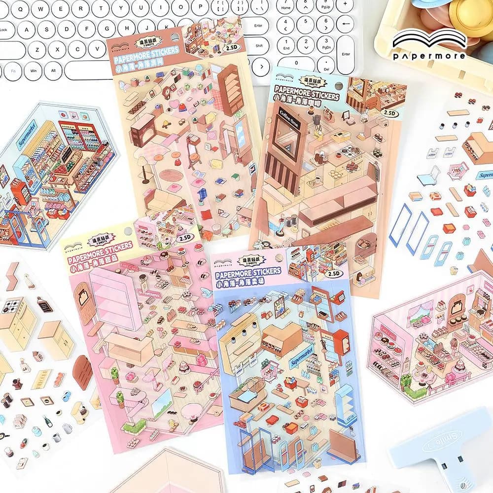 Card Lover 3 Pcs [PaperMore Small Corner Series] Miniature Scene Cabin Decompression PET Sticker Paper Material Scrapbook Kit